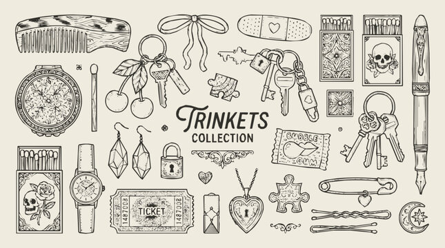 Vintage Trinkets Collection of Hand-Drawn Sketches Featuring Keys, Matchboxes, and Personal Accessories in an Antique Line Art Style