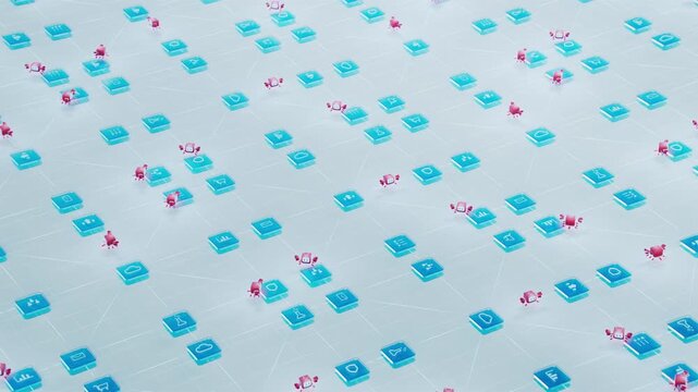 3D Animation: Charming Red AI Agents Executing Various Tasks, Doing Research and Performing Process Automation. Agentic AI Platform Where Autonomous Agents Act Autonomously to Achieve Goals. Isometric