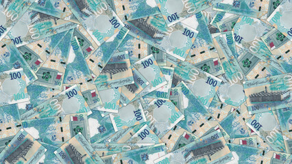 Fototapeta premium Seamless pattern. Financial illustration. Many scattered qatari 100 riyal banknotes. Obverse and reverse. Money of State of Qatar. Bills of one hundred riyals. Economic texture. Wallpaper background