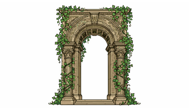 Set of ancient Greek style arches with classical columns and ivy vines in antique architectural vector illustration cartoon style