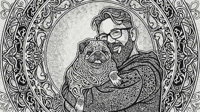 Monochrome Line Art Portrait of a Bearded Man Holding a Pug Dog Featuring Intricate Patterns and a Circular Ornate Border