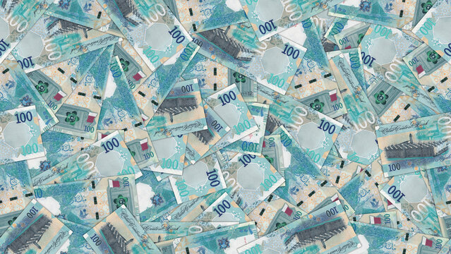 Seamless pattern. Financial illustration. Many scattered qatari 100 riyal banknotes. Obverse and reverse. Money of State of Qatar. Bills of one hundred riyals. Economic texture. Wallpaper background