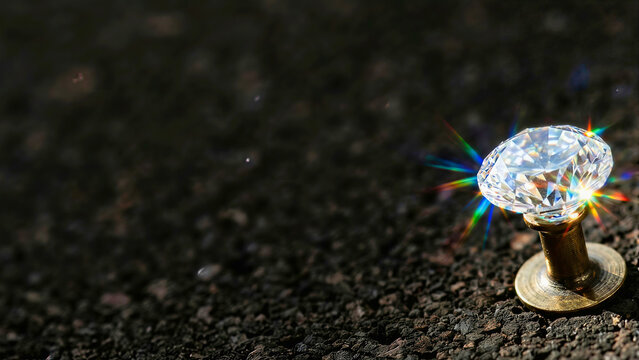 Diamond Brass Push Pin with Rainbow Prisms on Dark Corkboard Background