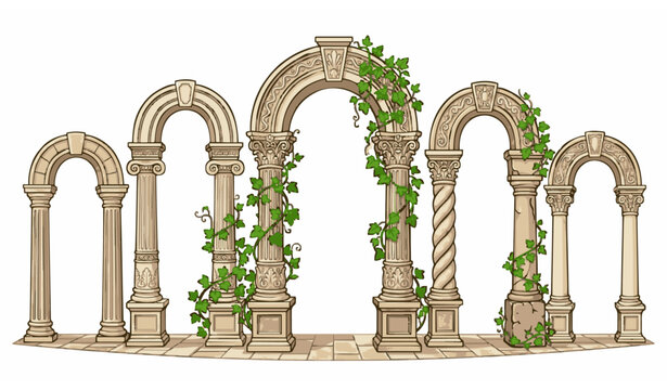 Set of ancient Greek style arches with classical columns and ivy vines in antique architectural vector illustration cartoon style