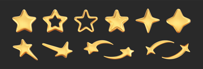 Fototapeta premium 3D gold star icon set in futuristic isolated on dark background. Glossy golden cyber star for Christmas and New Year decoration, galaxy emoji with falling star, bling, spark. 3D realistic y2k vector