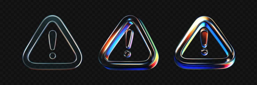 3D glass alert icon with neon glow isolated on dark bg. Render of triangle sign cyber risk, scam, fraud, hacker attack. Transparent warning mark for caution, danger, exclamation and hazard. 3D vector