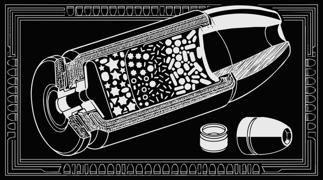 A detailed bullet cross-section illustration showing ammunition components, ballistic design, cartridge anatomy, and metallic structure.