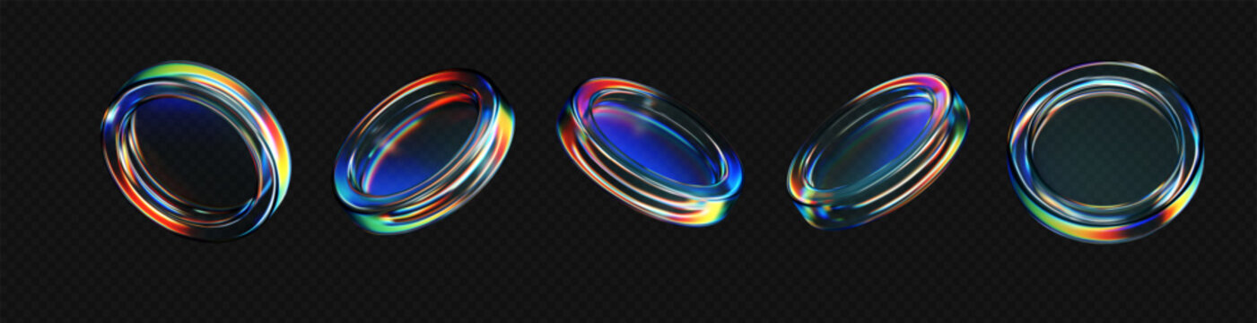 3D transparent glass holographic coin icons isolated on a dark background. Glass coins, digital currency, casino chips for finance dashboard, game interfaces or tech visuals. 3D vector illustration