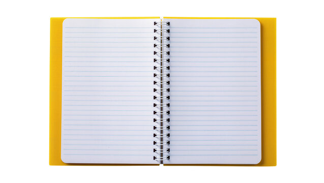 Open spiral bound notebook with yellow cover and lined pages