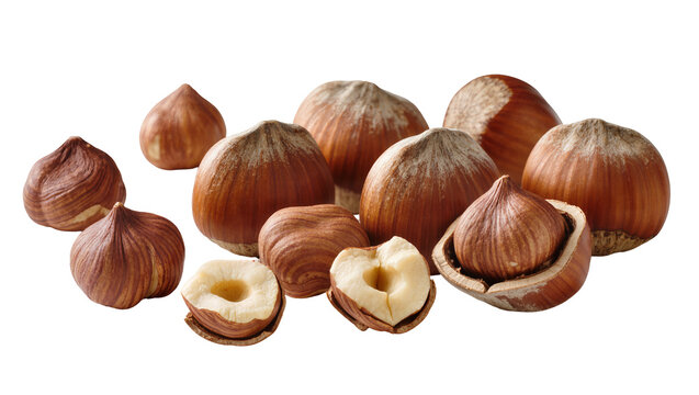 Group of whole and halved hazelnuts with shells