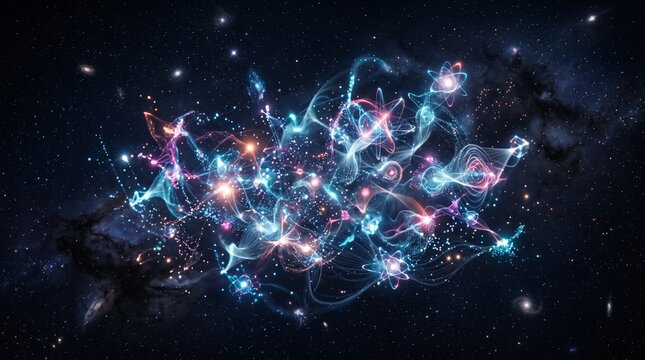 Cosmic quantum physics concept with glowing atomic particles, abstract nebula energy in deep space, futuristic science and technology background