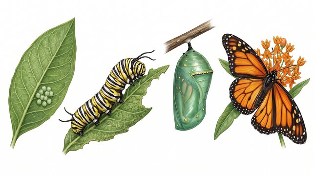 Monarch butterfly life cycle illustration, metamorphosis stages from egg to caterpillar and chrysalis, biological diagram of Danaus plexippus