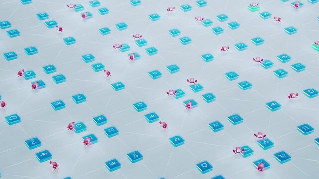 3D Animation: Agentic AI Platform Where Autonomous Agents Act Autonomously to Achieve Goals. Charming Red AI Agents Executing Various Tasks, Doing Research and Performing Process Automation. Isometric