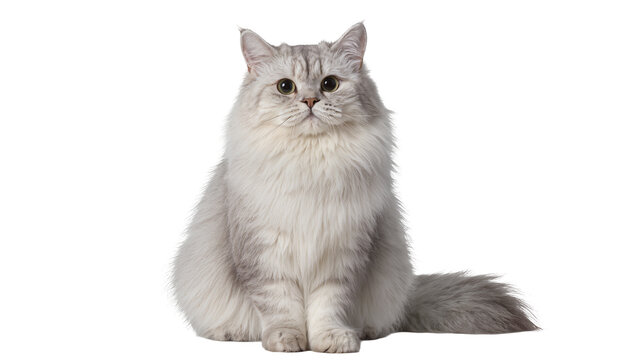 Fluffy silver Persian cat sitting and looking forward