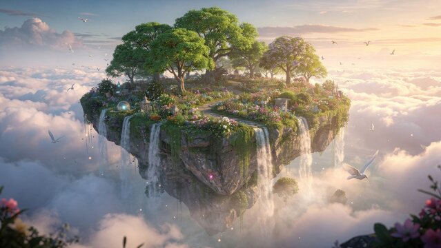 Floating island paradise above clouds digital art utopian nature sanctuary lush green trees vibrant flora cascading waterfalls golden sky serene dreamlike ecological haven fantasy environmental