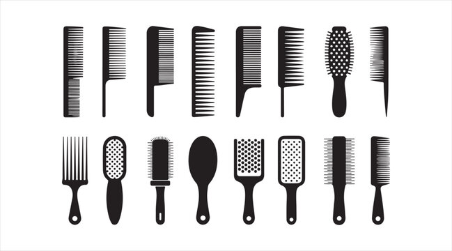Minimalist hairbrush and comb icon set with grooming tools, hairstyling accessories and salon equipment symbols in black vector style