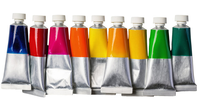 Assorted color paint tubes arranged in a row