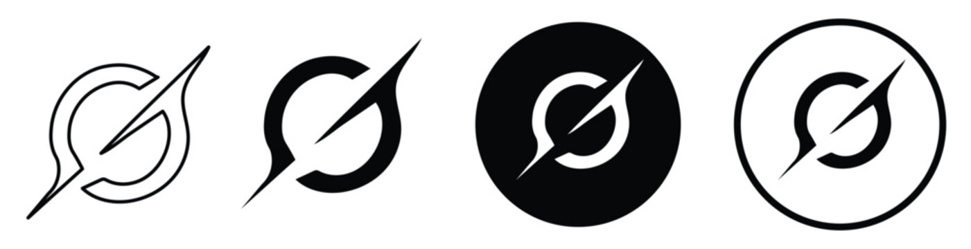 Set of four abstract circular logos with diagonal slash and arrow elements.
