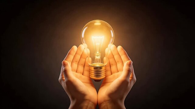 Hands holding glowing light bulb