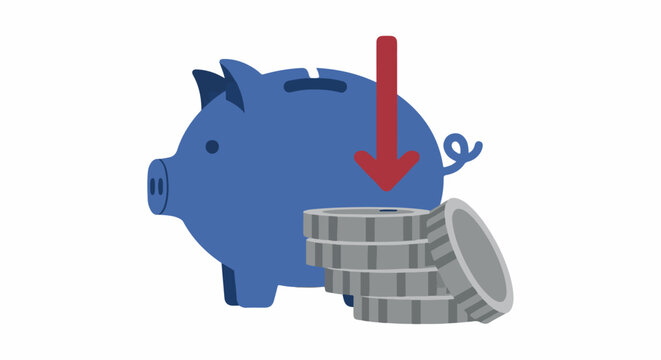 Blue piggy bank with falling red arrow and stack of coins