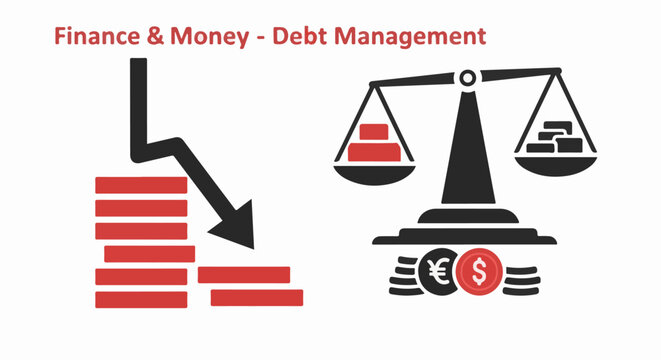 Financial graph shows decreasing stack of coins and balance scale with currency symbols