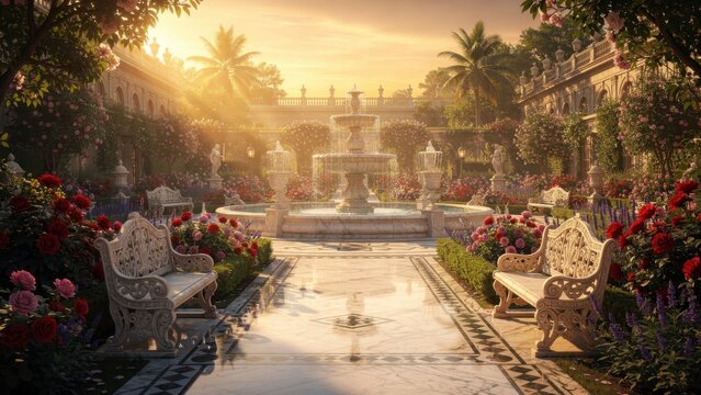 Golden Hour Sunset Bathes a Grand Classical European Garden Villa with Majestic Fountain Elegant Benches Blooming Red Roses Lush Greenery and Palatial Architecture Creating a Serene Romantic