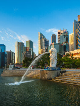 February 6, 2020: Merlion Statue, the official mascot of Singapore, at Marina Bay in Singapore. It is a mythical creature with a lion head and the body of a fish widely used to represent the city