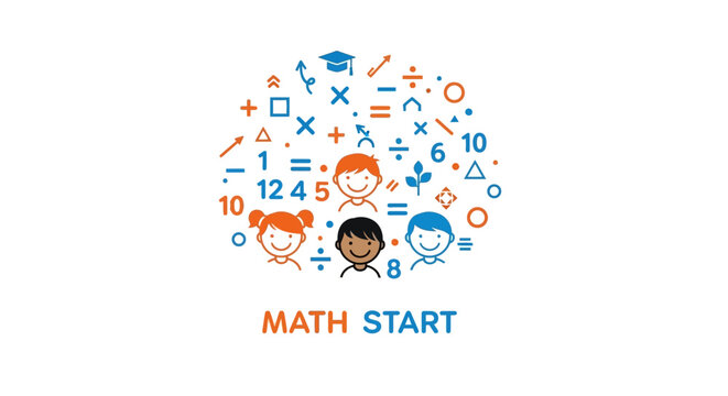 Creative vector illustration symbolizing early mathematics education and the joy of learning for diverse young students, surrounded by various educational and numerical icons