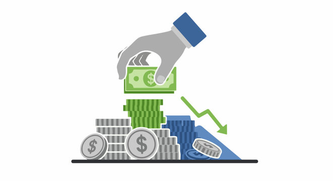 Hand dropping money onto stacks of coins with a downward trend arrow