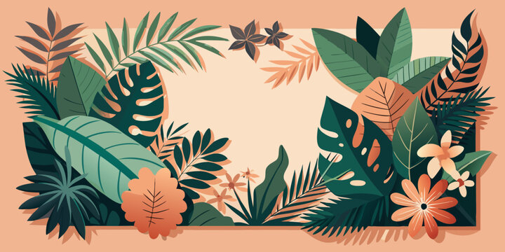 Tropical botanical frame with exotic foliage and flowers, vector