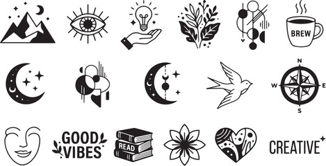 Fototapeta premium Boho elements and cozy line icons collection for magic moon coffee books and nature lovers