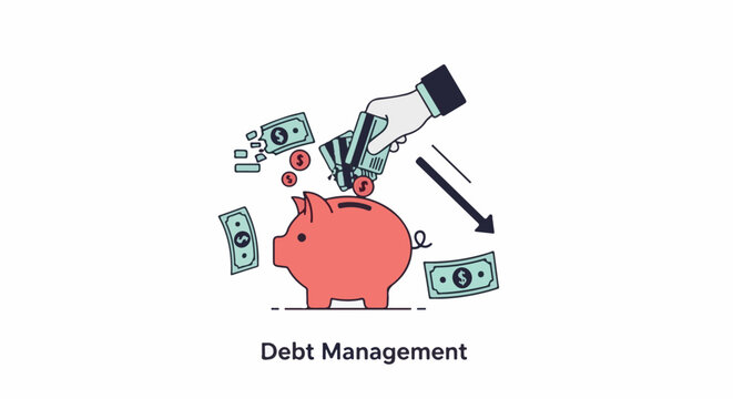 Hand inserts currency and credit cards into a pink piggy bank, symbolizing financial strategy