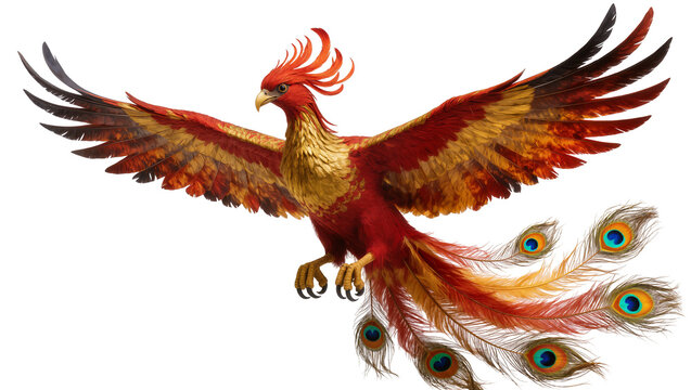 Majestic phoenix bird with spread wings and ornate tail feathers
