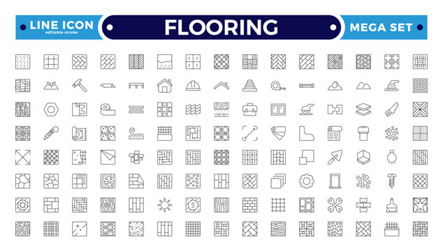 Flooring and Surface Material Outline Icon Set with Wood, Tile, Carpet, Laminate, Marble, Stone, Vinyl, and Interior Construction Symbols for Architecture and Renovation Editable stroke outline icon.
