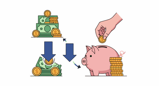 Piggy bank and money stack illustration showing coins and bills