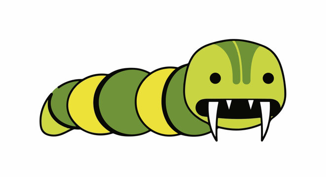 A cartoon caterpillar with large fangs and a wide mouth, green and yellow segments