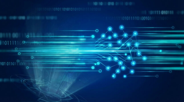 Abstract blue digital network with glowing nodes and binary code streams, representing data transfer, connectivity, and artificial intelligence.