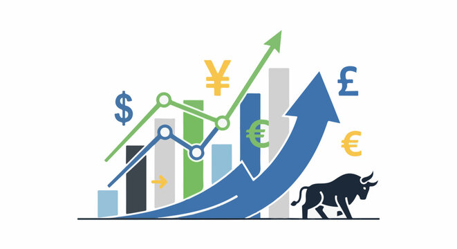 Upward trending financial graph with currency symbols and a bull