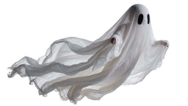 White flowing fabric ghost costume with black oval eyes