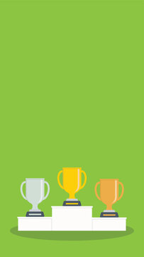Podium winners. Gold, silver and bronze cups on podium. Vector illustration