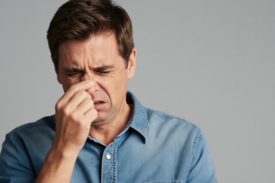 Mature man grimaces pinching nose tightly due to bad odor or unpleasant smell. Male face shows strong aversion and displeasure, disgusted expression.