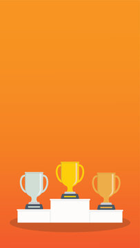Podium winners. Gold, silver and bronze cups on podium. Vector illustration