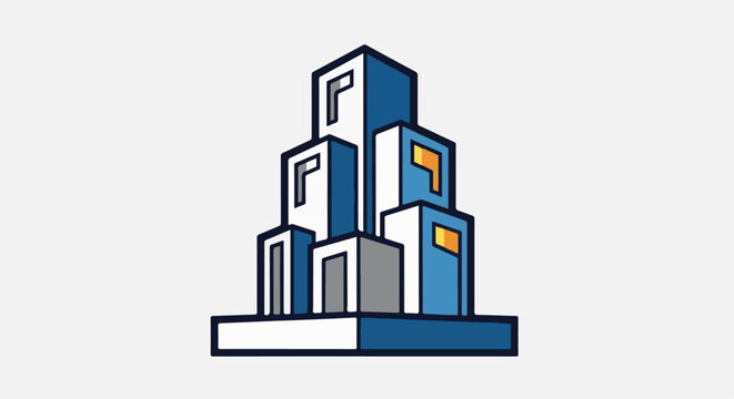 Stylized geometric abstract multi-story building with blue, white, and gray blocks
