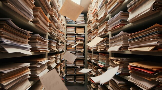 Rows of shelves filled with many paper documents. Files and folders stack high in a disorganized archive room. Loose papers float mid-air in the storage space.