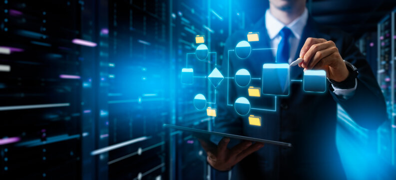 Data infrastructure,workflows,data pipeline development.Data integration.Engineer using laptop computer to design data processing system,workflows in modern digital business systems,data server center
