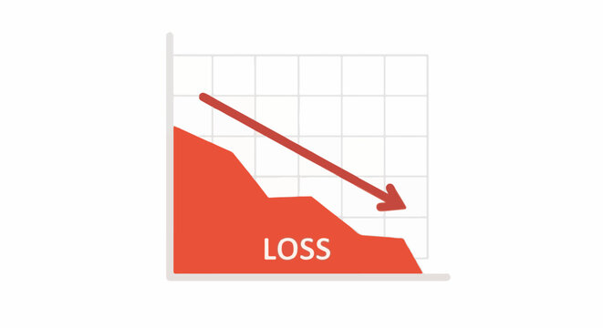 Red graph with downward trend, indicating financial loss with arrow