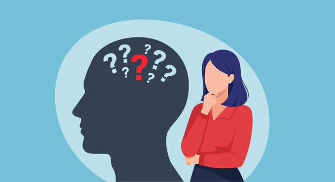 Woman thinking with question marks in head, puzzled expression, problem solving concept, business background