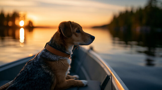 A dog in a small fishing boat at sunset, sitting at the bow looking at the glowing horizon, defocused calm lake water, peaceful animal moment, fishing lifestyle, man's best