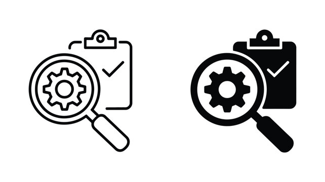 Search Optimization Icons magnifying glass gear cog clipboard checklist symbols for SEO analysis workflow planning and performance improvement strategy concept, vector design