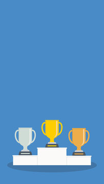 Podium winners. Gold, silver and bronze cups on podium.  Illustration